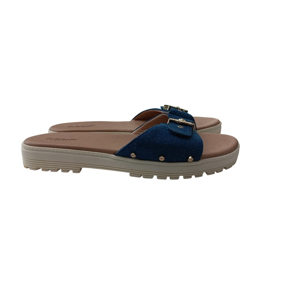 Dr. Scholls Womens Denim Slide Sandals Blue Gold Buckle Lug Sole Platform sz 8.5